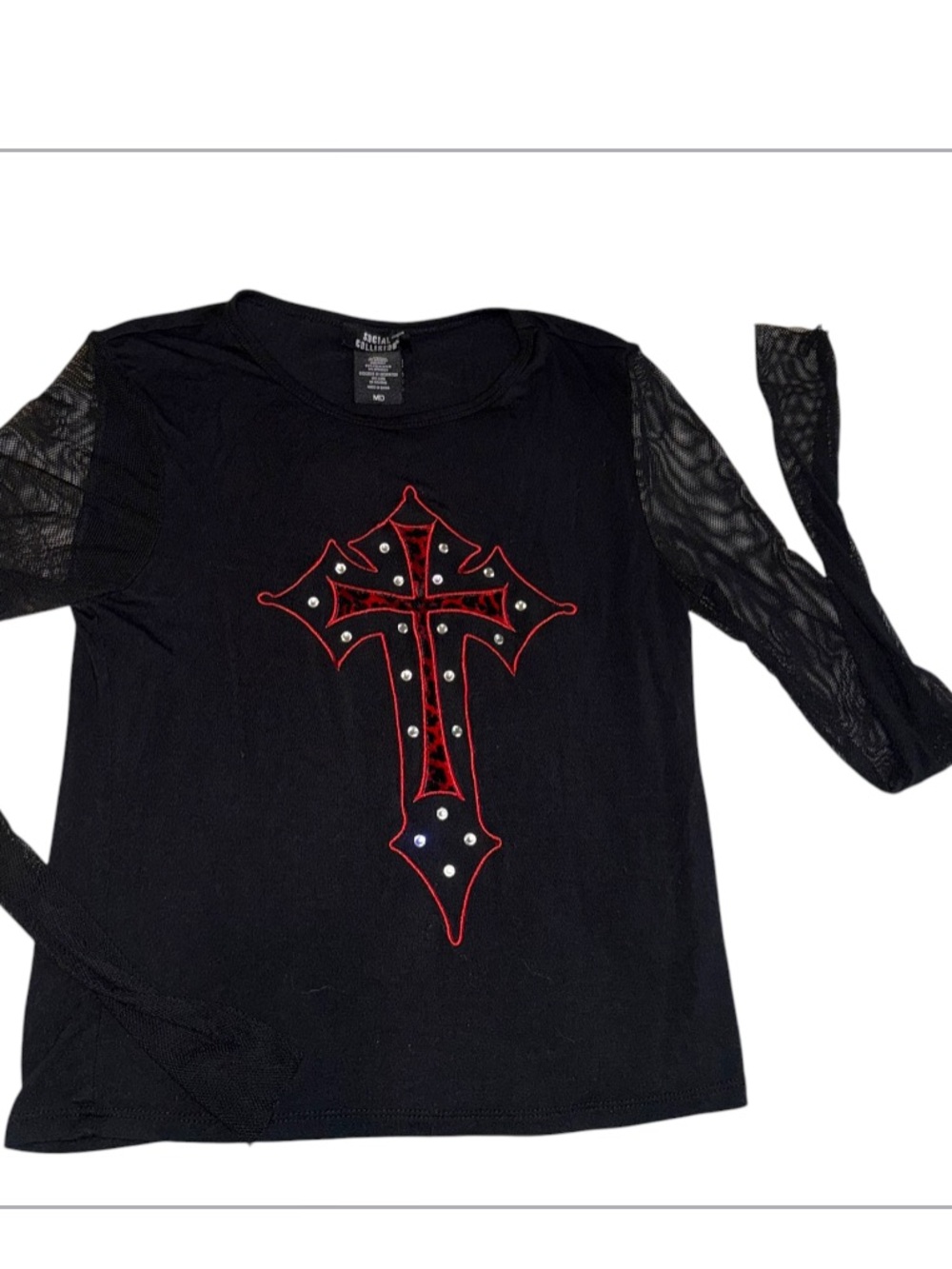 Black Long-Sleeve Women’s Top with Red Cross Detail